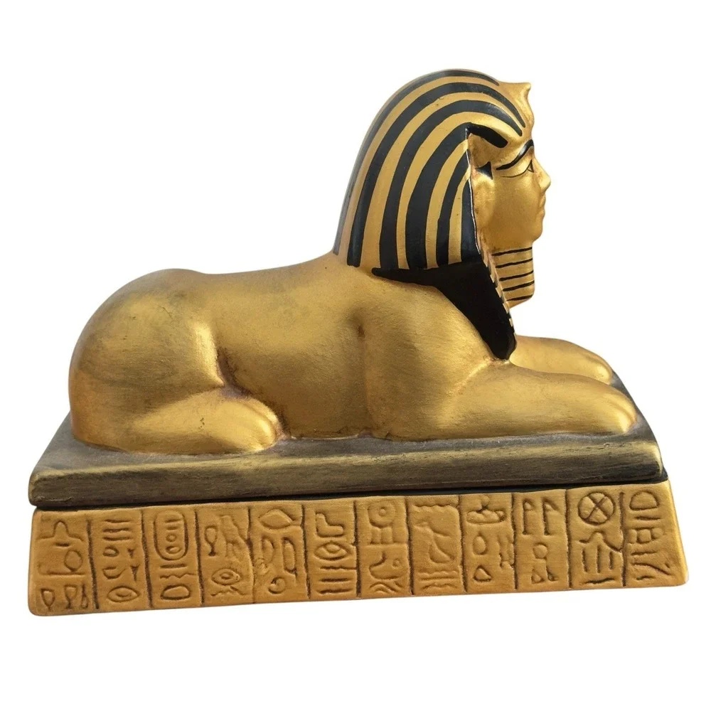 Ceramic Egyptian Sphinx Figurine Trinket Jewelry Storage Box Statue